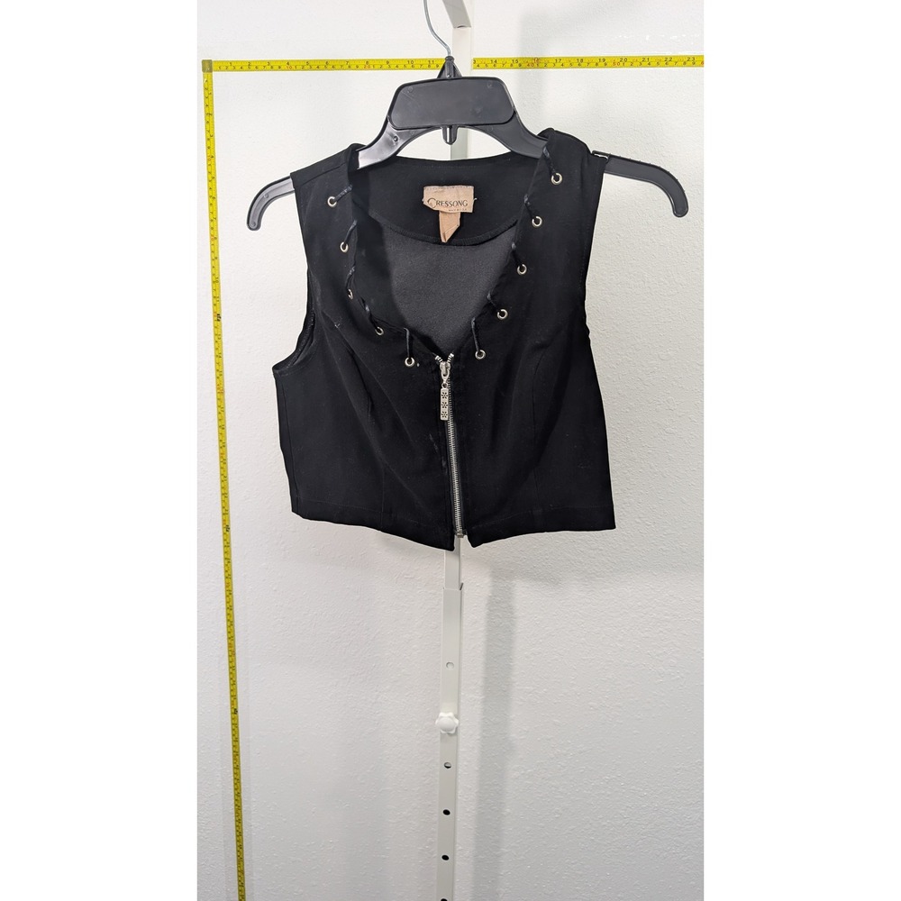 Cressong Black Cropped Vest Zip Front Grommet Detail Sleeveless Top Made in‎ USA